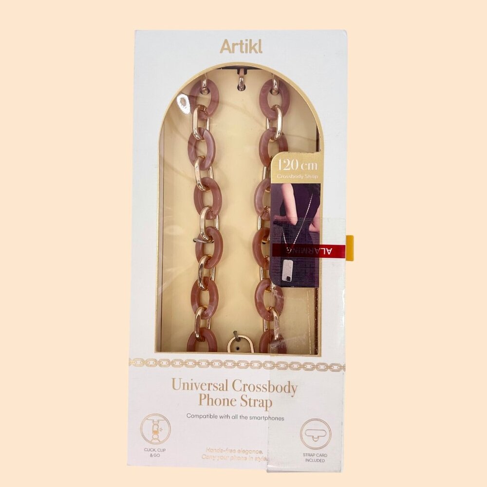 NIB ARTIKL UNIVERSAL CROSSBODY PHONE STRAP 120CM PINKISH BEIGE ACRYLIC & GOLD CH
